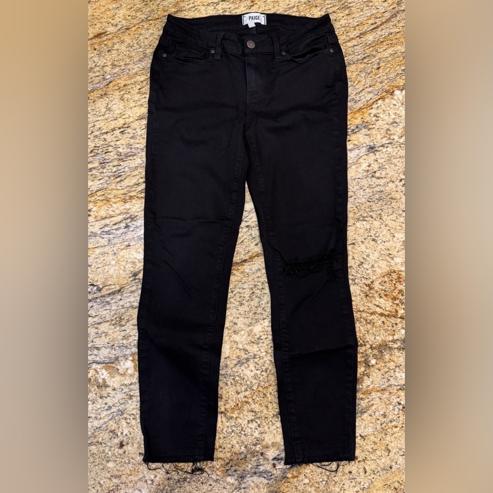 Paige Verdugo Distressed Crop Jeans Womens Size 29 Black Denim Pockets Fray Hem - Picture 6 of 14
